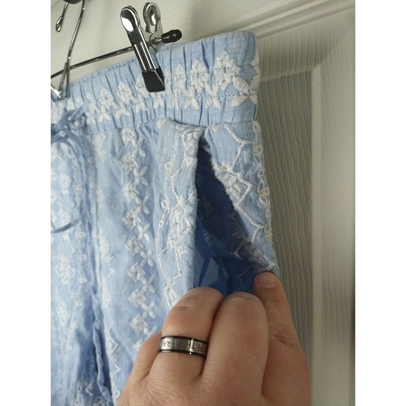 Loft 100 Linen Blue White Embroidery Elastic Waist Pants. Size M - Picture 3 of 12